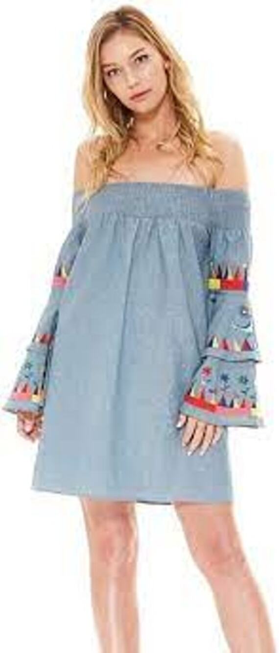 VaVa by Joy Han Embroidered Joey Dress Peasant Chambray Blue Women Small